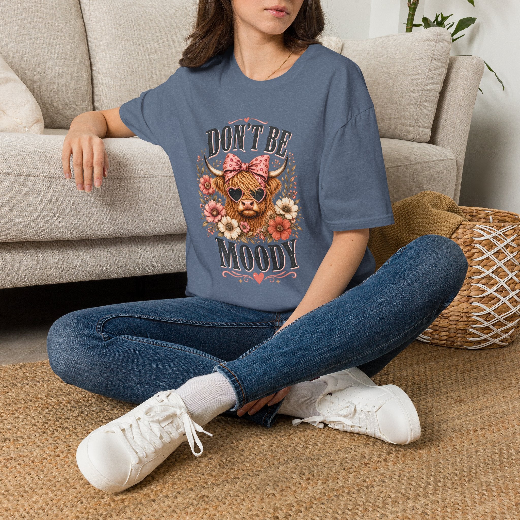 Don't Be Moody Cow T-Shirt | Floral Highland Cow Graphic