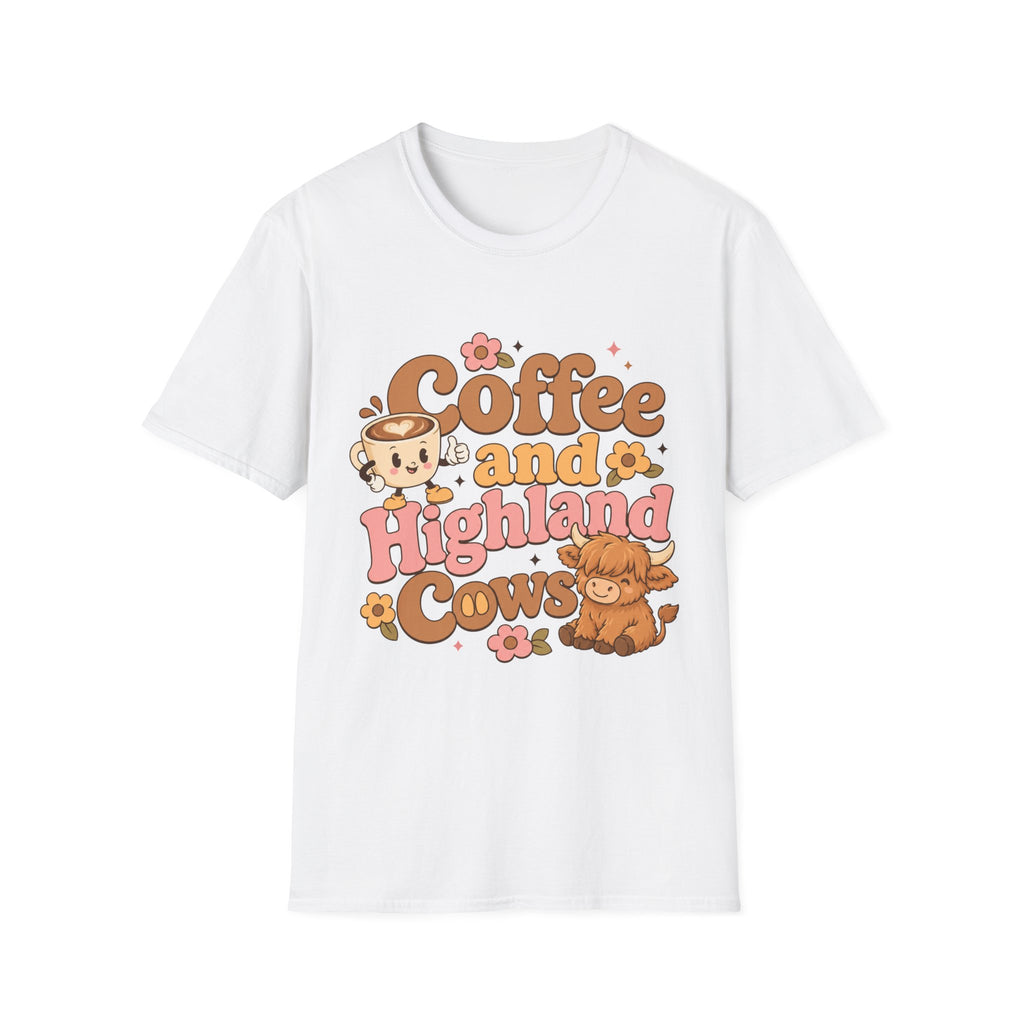 Coffee and a Highland Cow T-Shirt | Cute Retro Coffee Cow Design