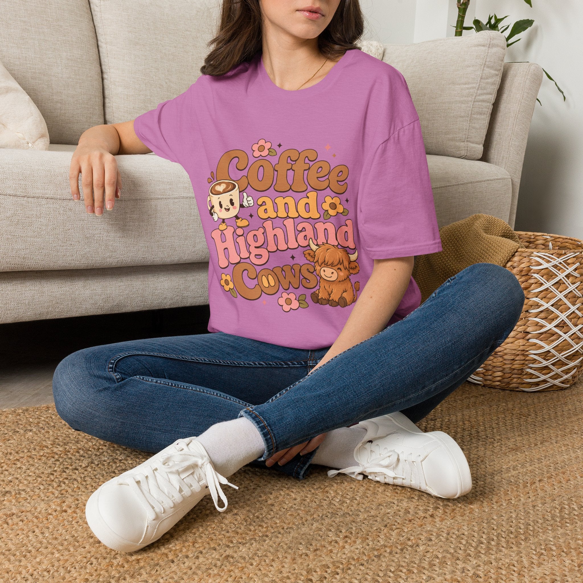 Coffee and a Highland Cow T-Shirt | Cute Retro Coffee Cow Design
