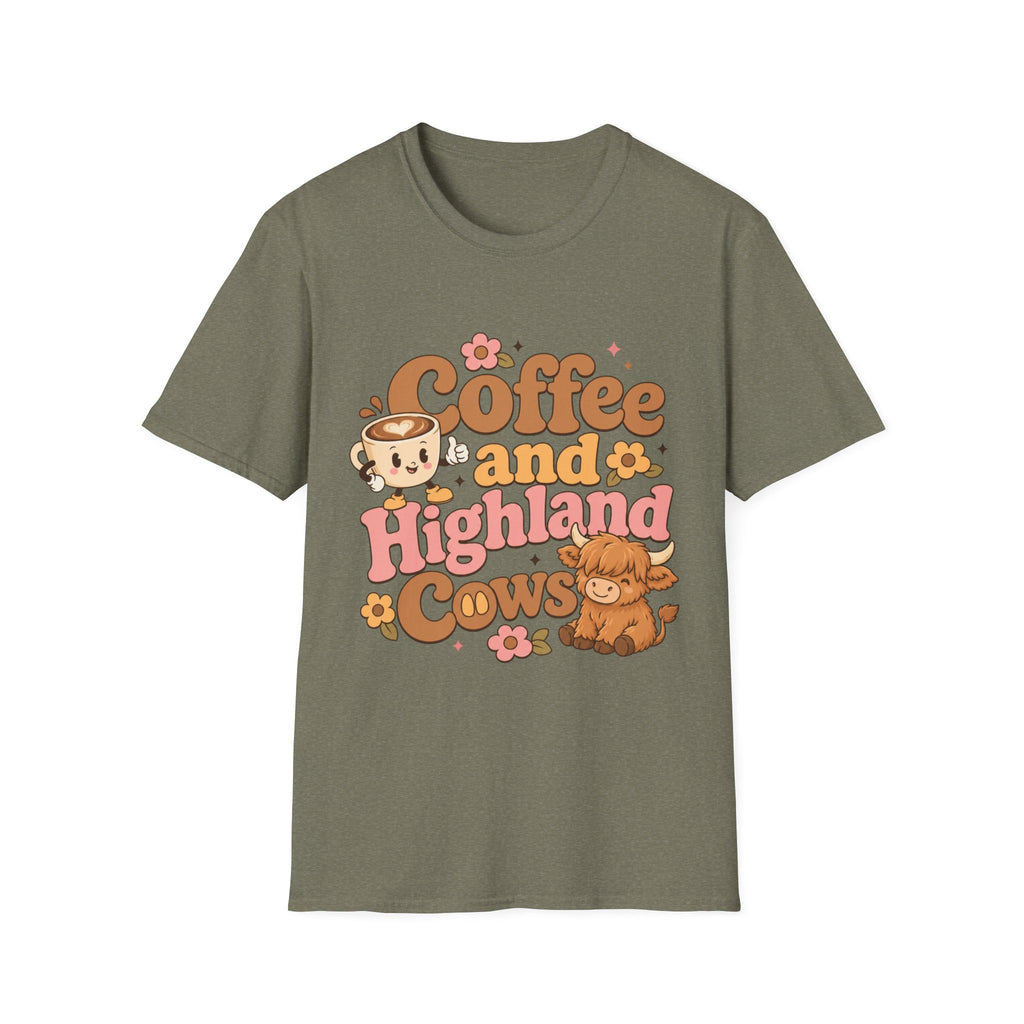 Coffee and a Highland Cow T-Shirt | Cute Retro Coffee Cow Design