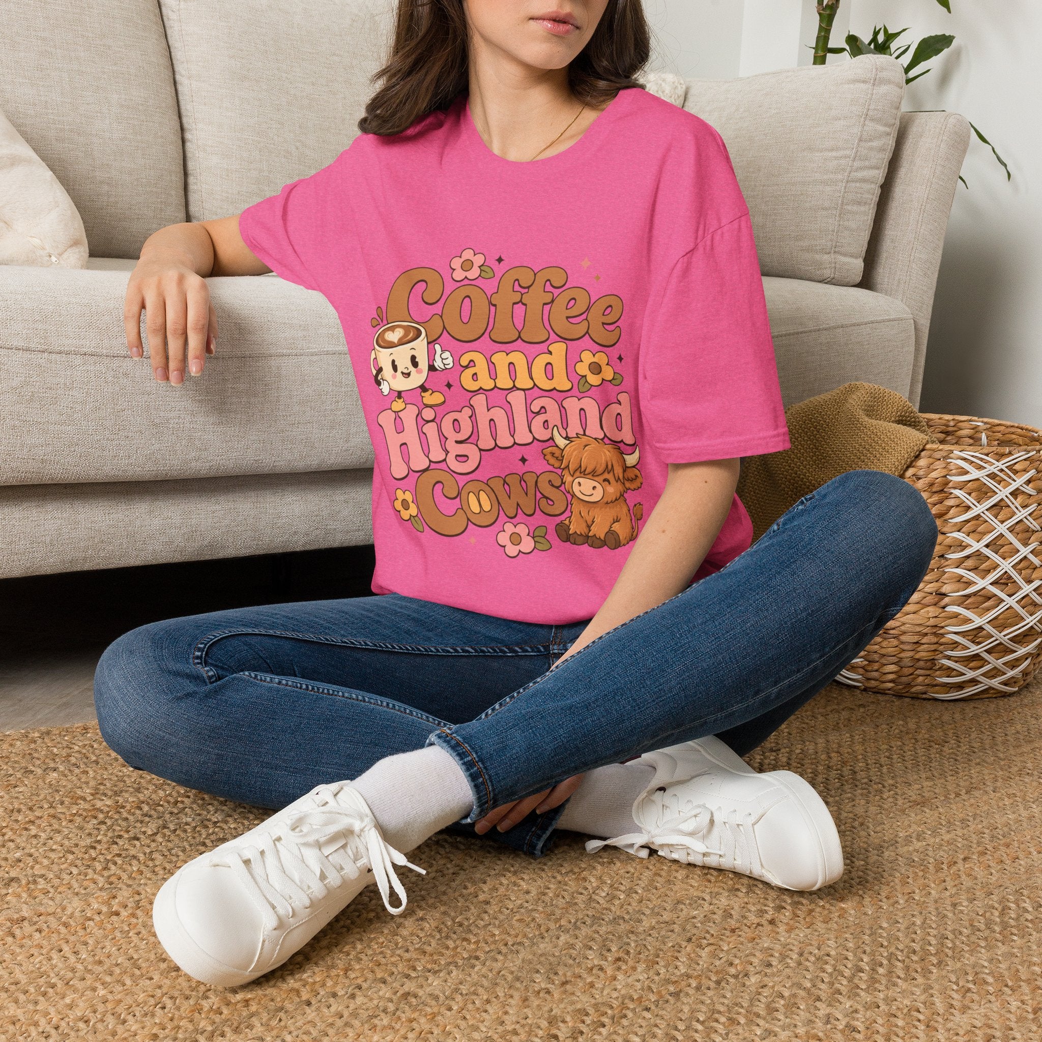 Coffee and a Highland Cow T-Shirt | Cute Retro Coffee Cow Design
