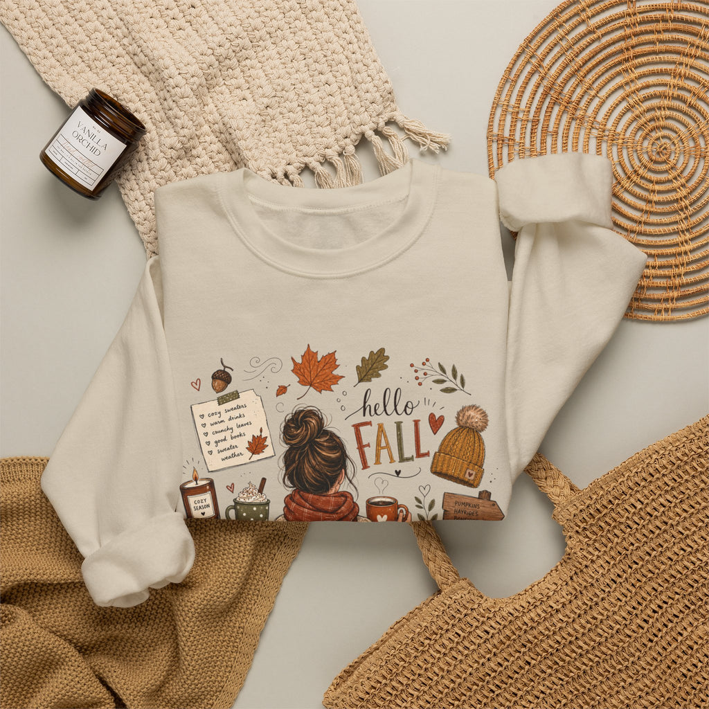 Hello Fall cozy autumn collage Sweatshirt | pumpkin, boots, coffee