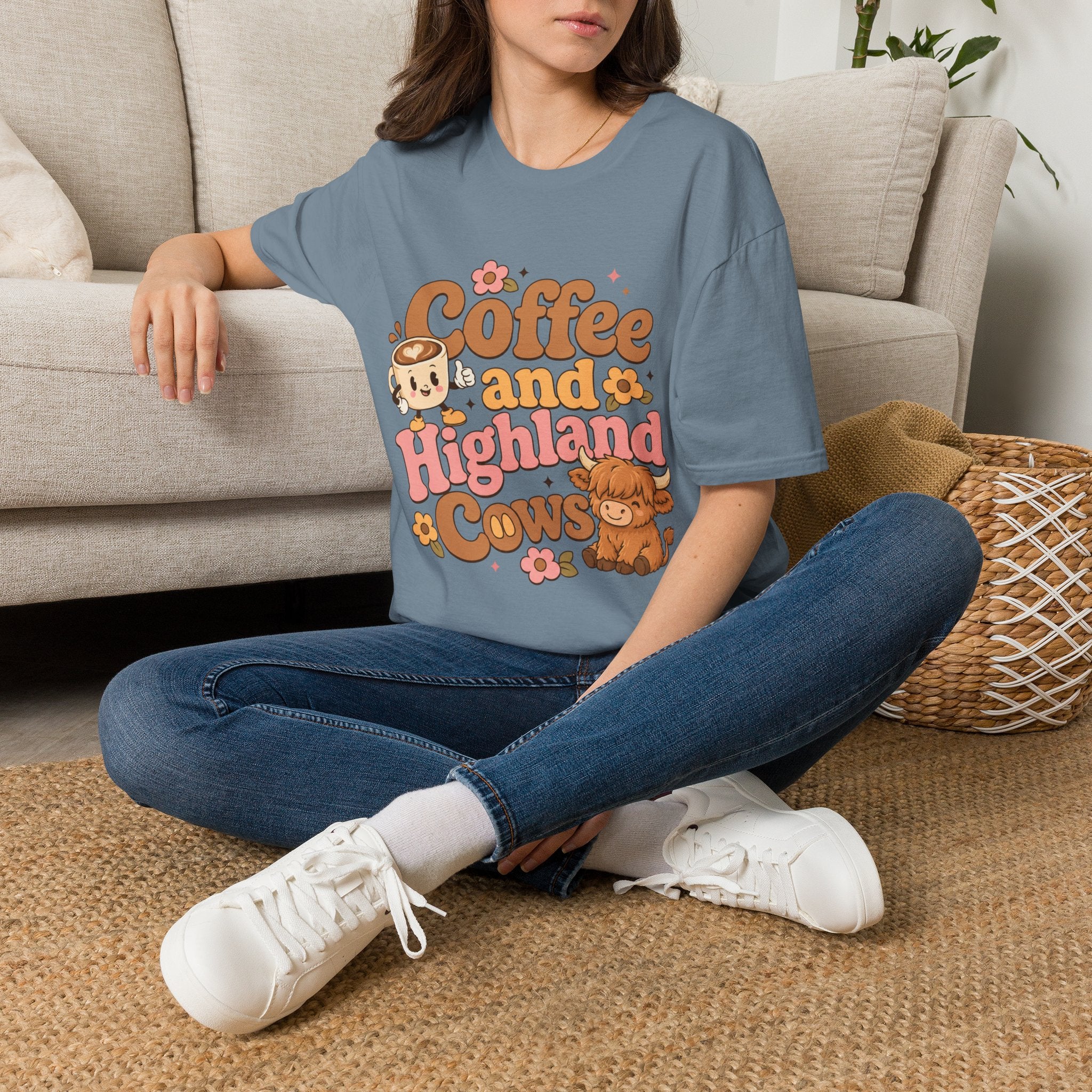 Coffee and a Highland Cow T-Shirt | Cute Retro Coffee Cow Design