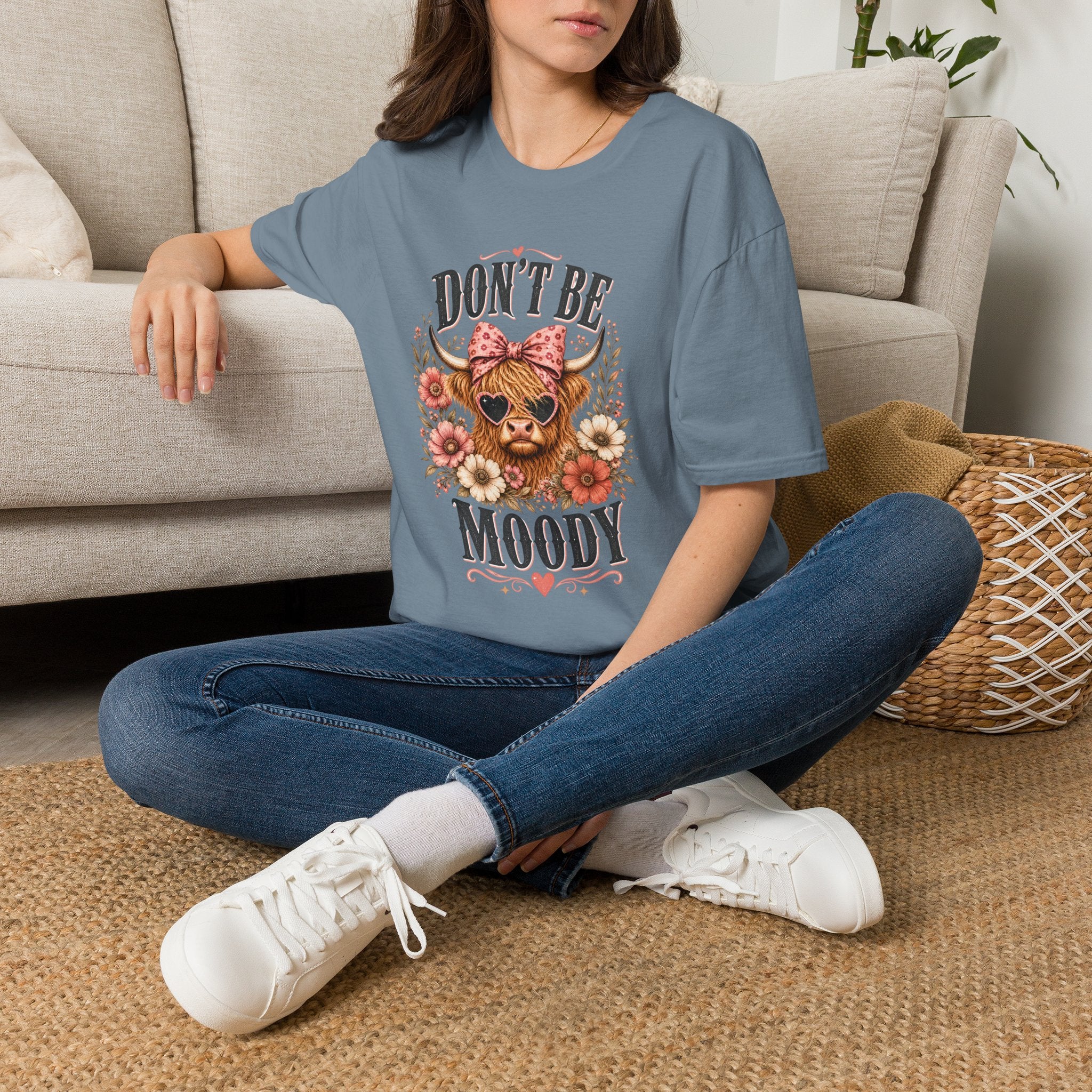 Don't Be Moody Cow T-Shirt | Floral Highland Cow Graphic
