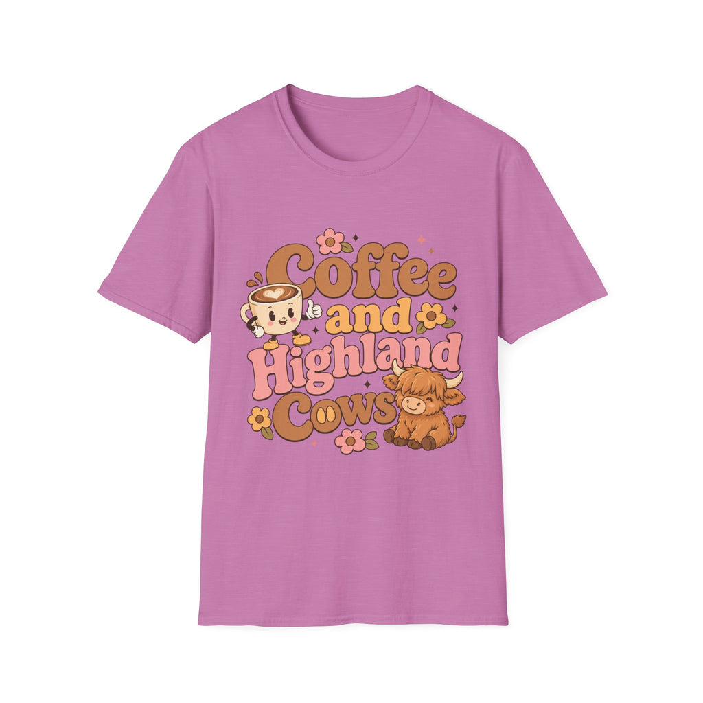 Coffee and a Highland Cow T-Shirt | Cute Retro Coffee Cow Design