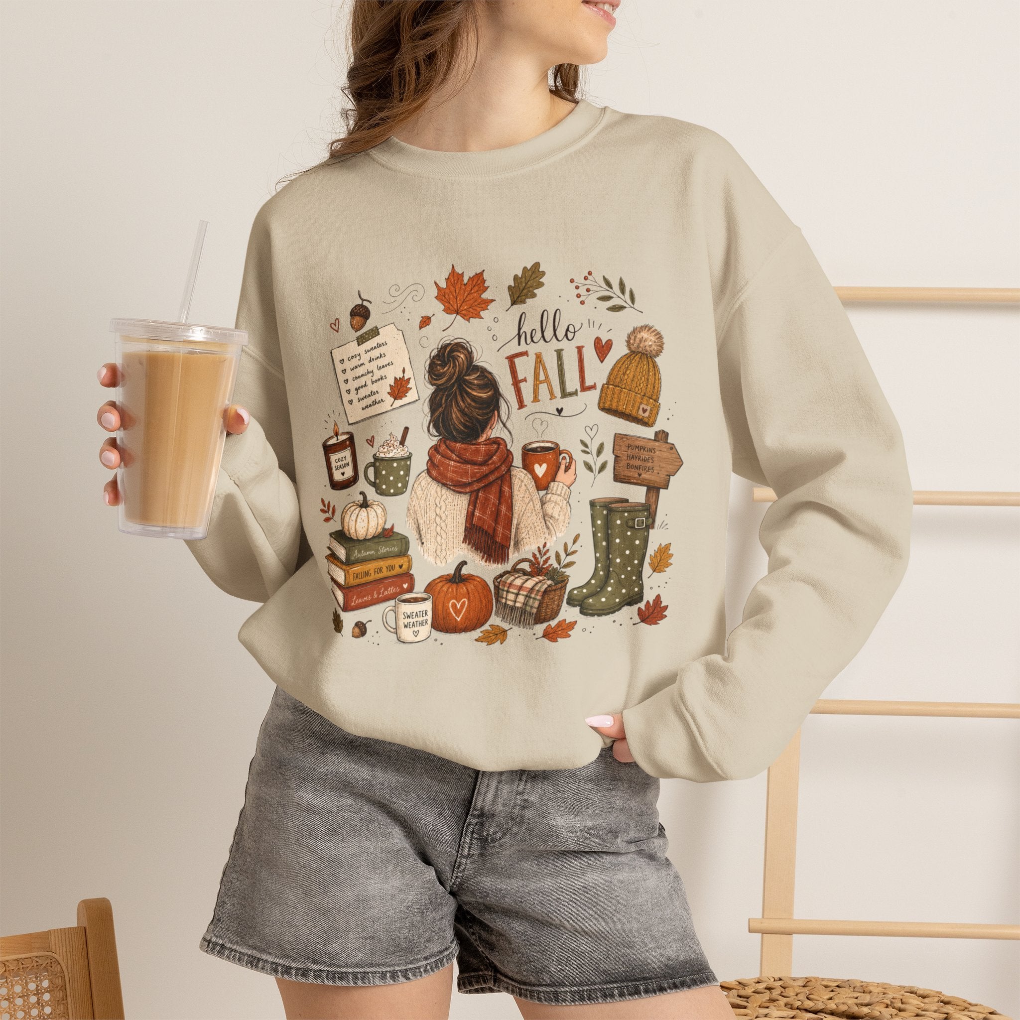 Hello Fall cozy autumn collage Sweatshirt | pumpkin, boots, coffee