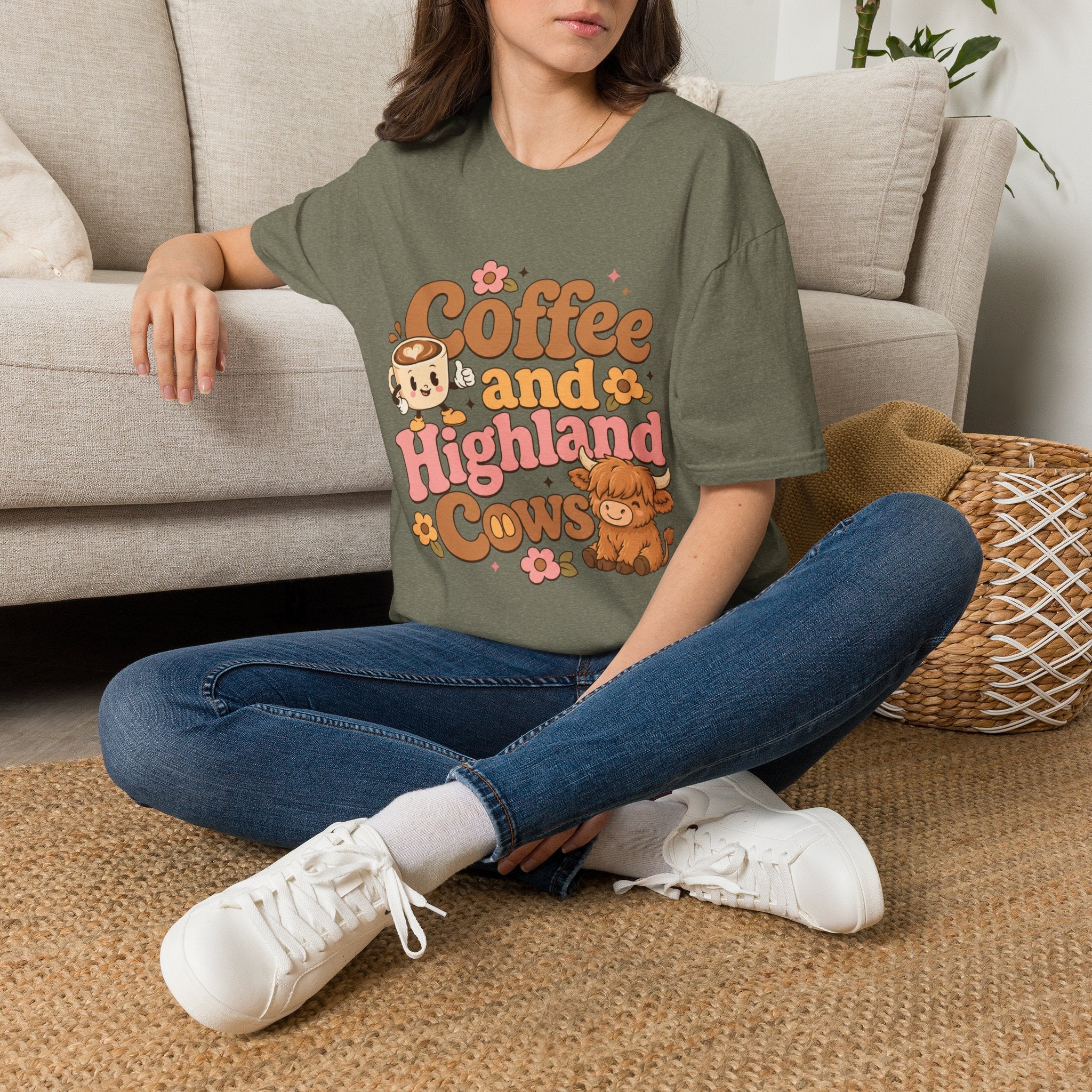 Coffee and a Highland Cow T-Shirt | Cute Retro Coffee Cow Design