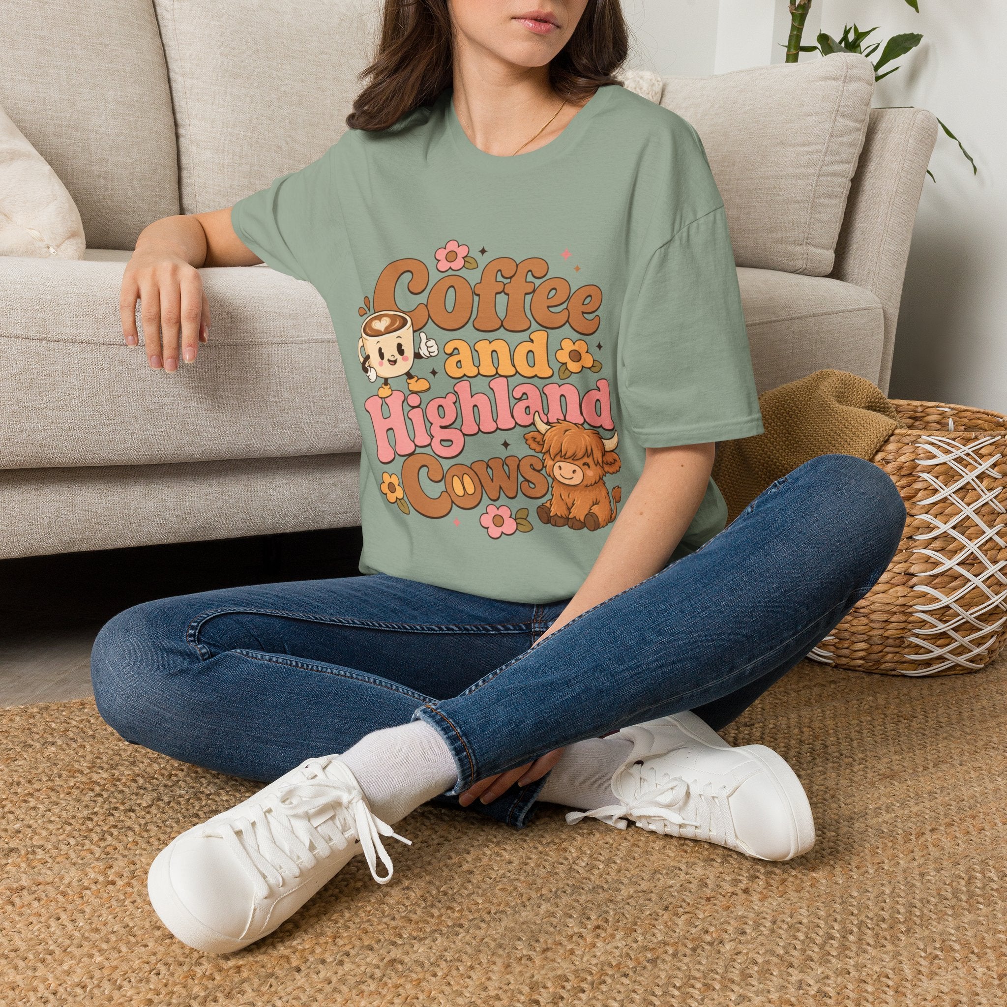 Coffee and a Highland Cow T-Shirt | Cute Retro Coffee Cow Design