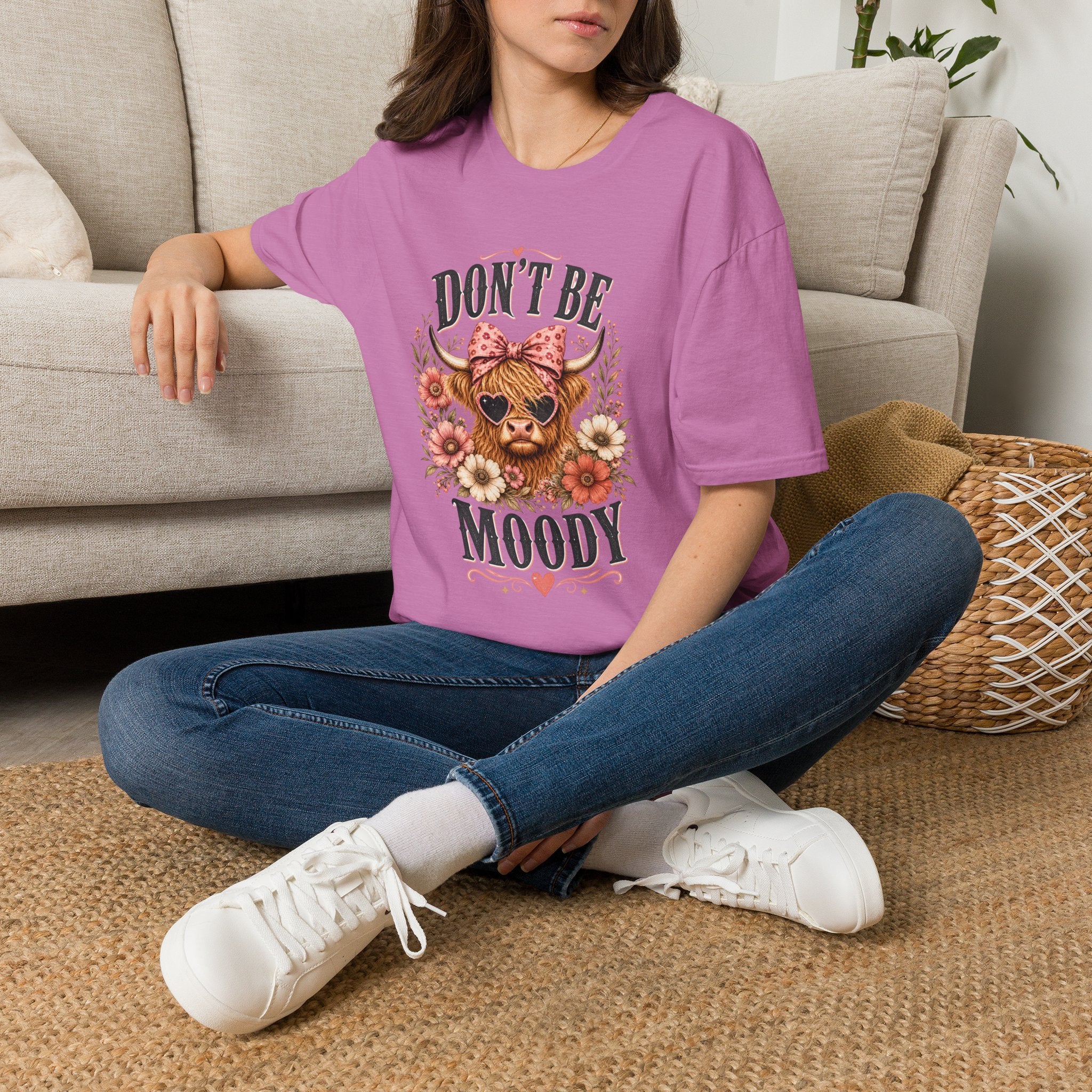 Don't Be Moody Cow T-Shirt | Floral Highland Cow Graphic