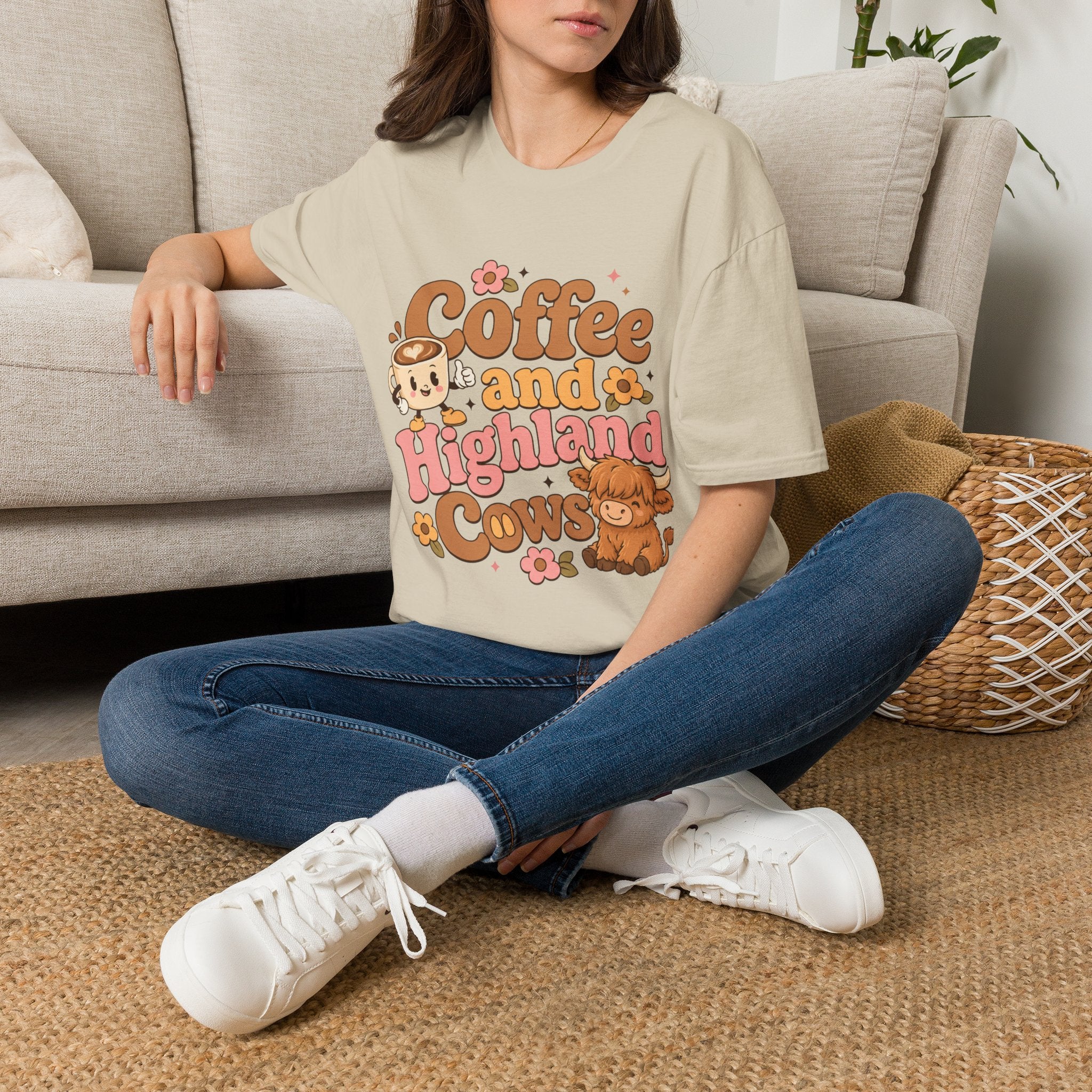 Coffee and a Highland Cow T-Shirt | Cute Retro Coffee Cow Design