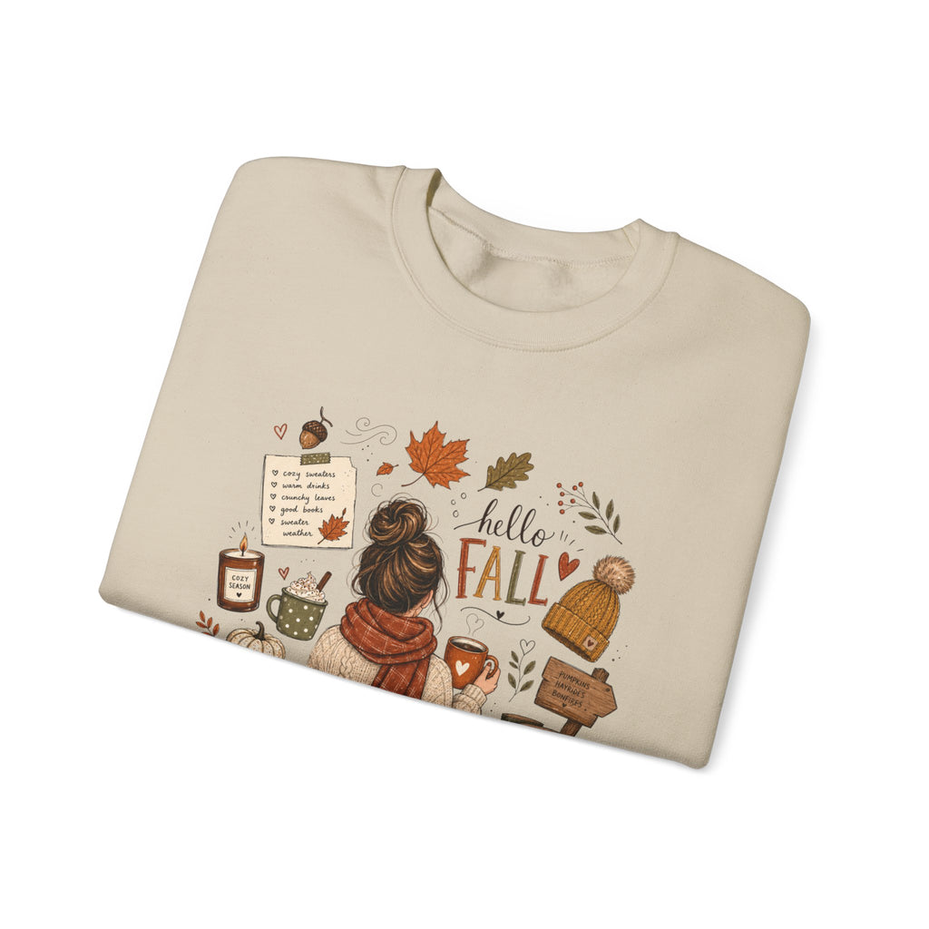 Hello Fall cozy autumn collage Sweatshirt | pumpkin, boots, coffee