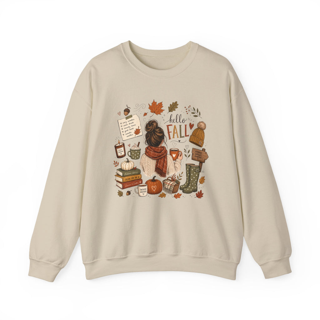 Hello Fall cozy autumn collage Sweatshirt | pumpkin, boots, coffee