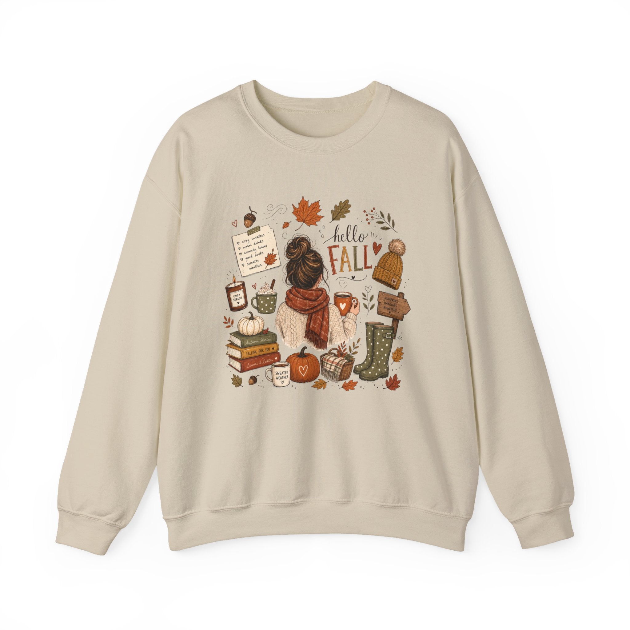 Hello Fall cozy autumn collage Sweatshirt | pumpkin, boots, coffee
