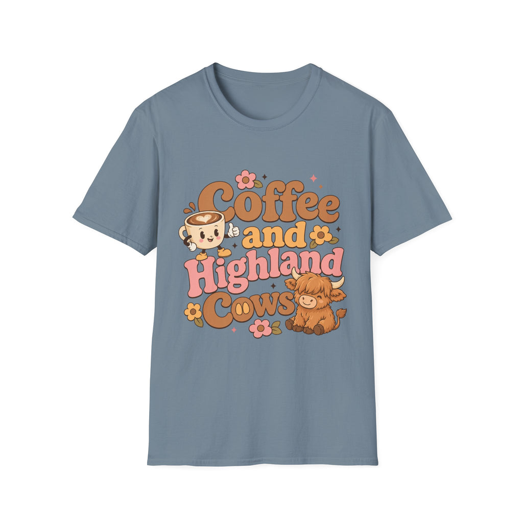 Coffee and a Highland Cow T-Shirt | Cute Retro Coffee Cow Design