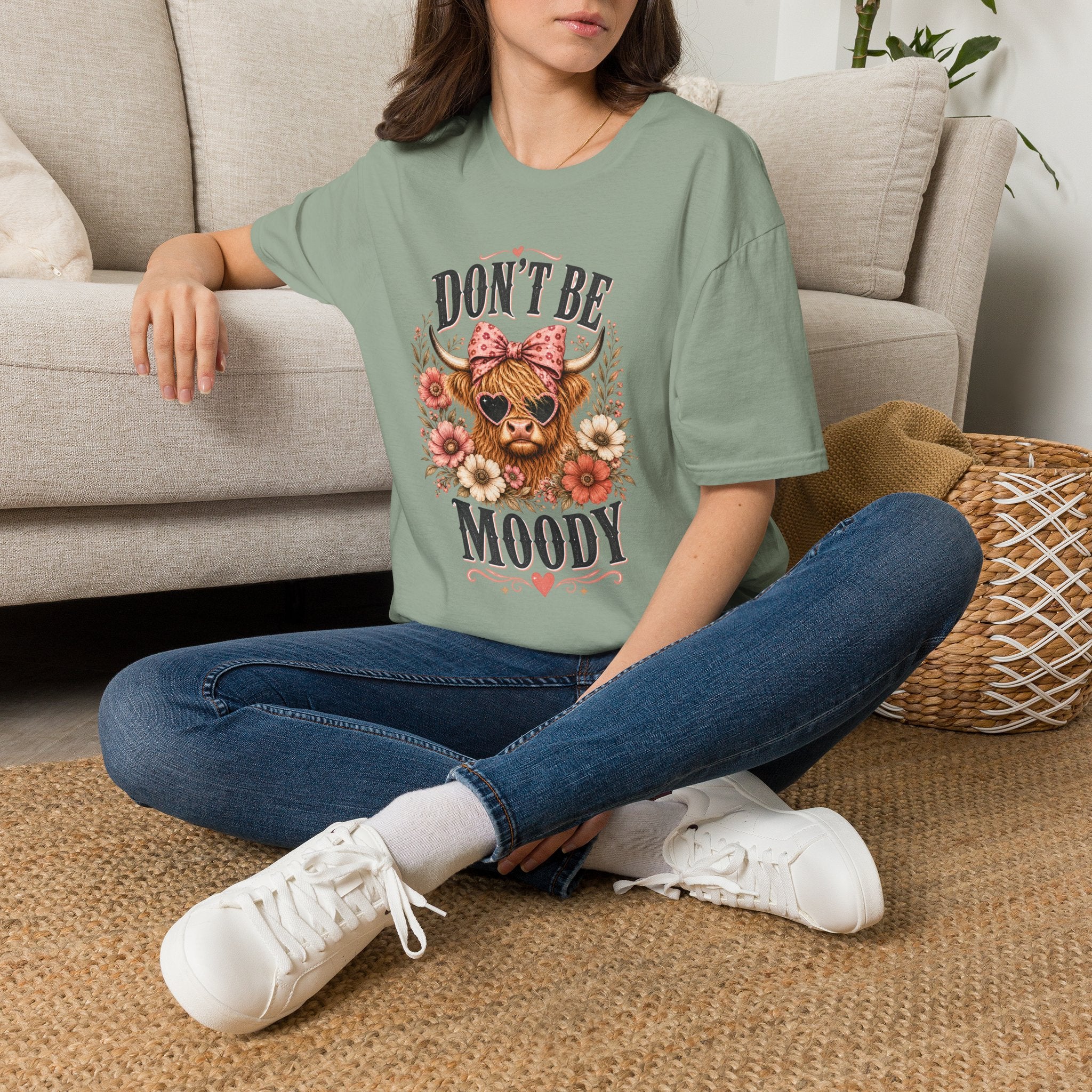 Don't Be Moody Cow T-Shirt | Floral Highland Cow Graphic
