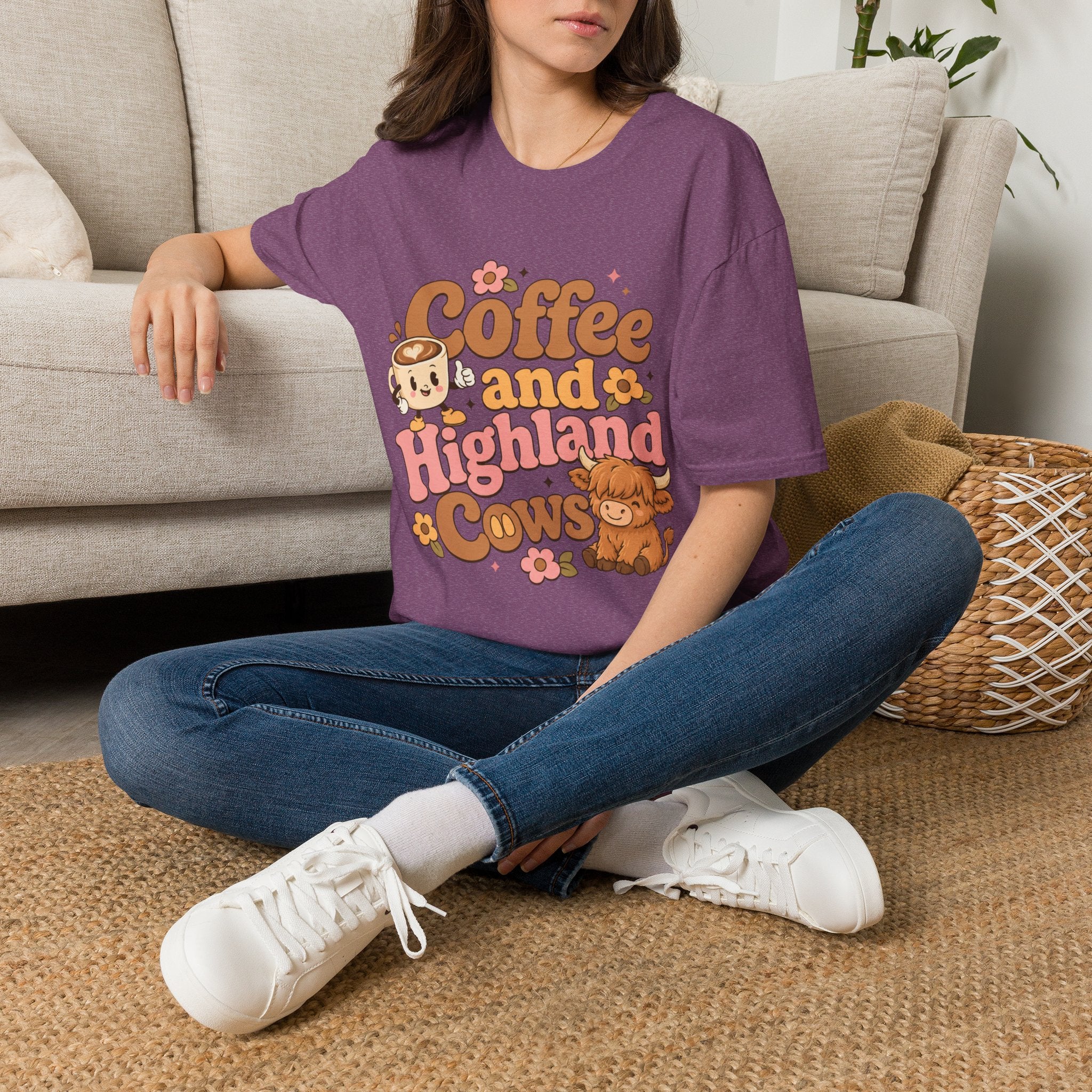 Coffee and a Highland Cow T-Shirt | Cute Retro Coffee Cow Design