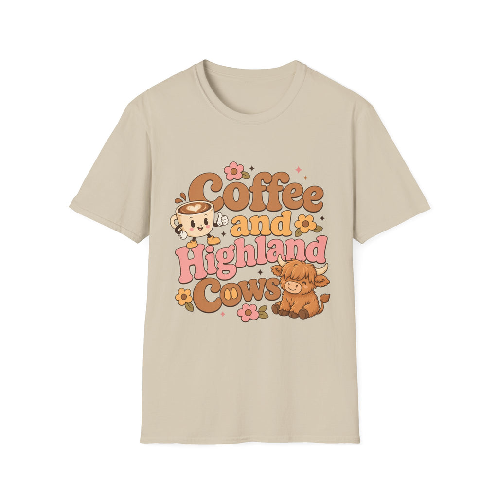 Coffee and a Highland Cow T-Shirt | Cute Retro Coffee Cow Design