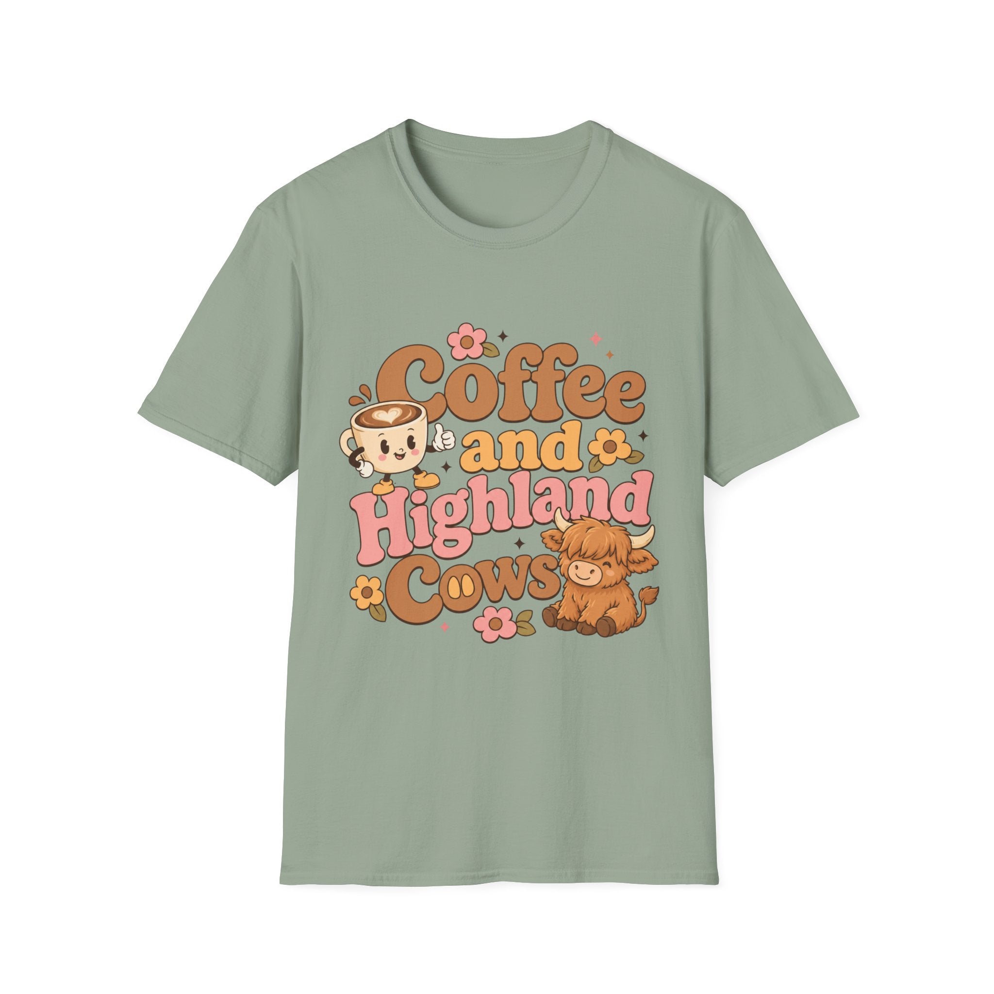 Coffee and a Highland Cow T-Shirt | Cute Retro Coffee Cow Design