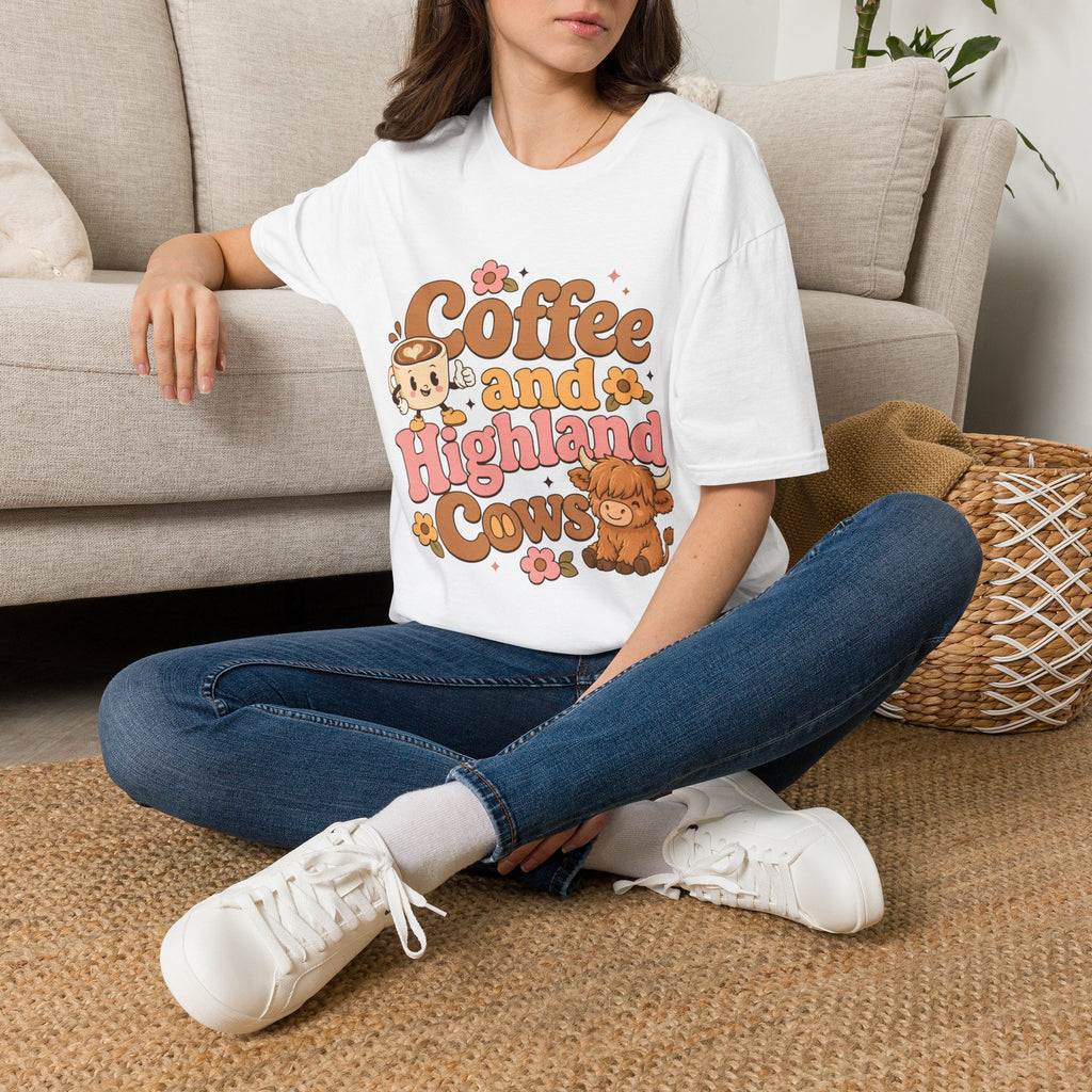 Coffee and a Highland Cow T-Shirt | Cute Retro Coffee Cow Design