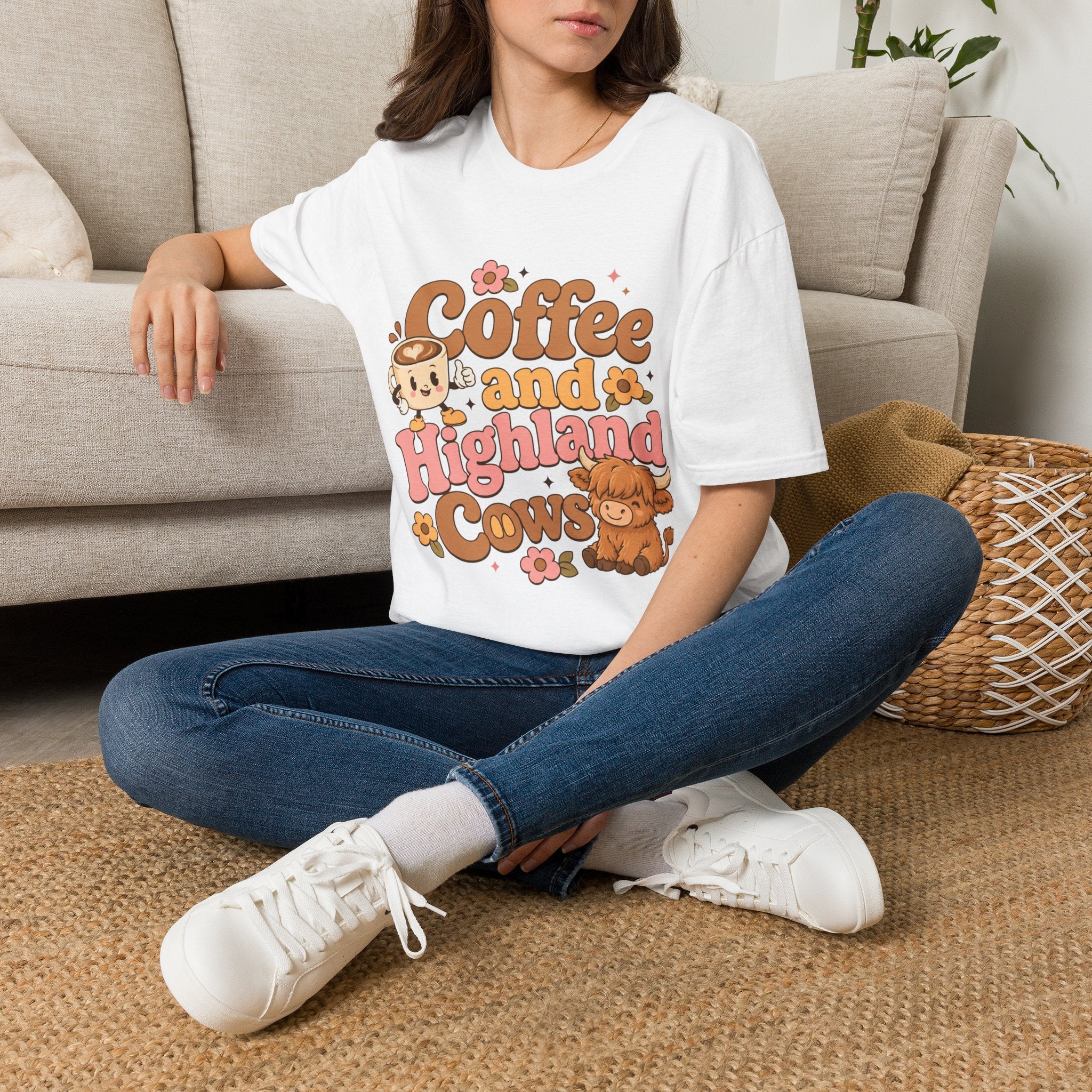 Coffee and a Highland Cow T-Shirt | Cute Retro Coffee Cow Design